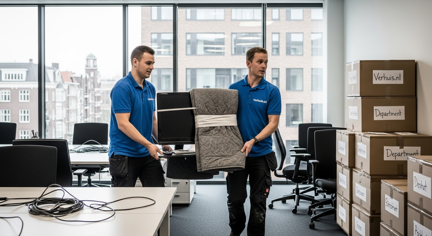 Leeg Nederlands kantoor met gelabelde verhuisdozen langs de wanden