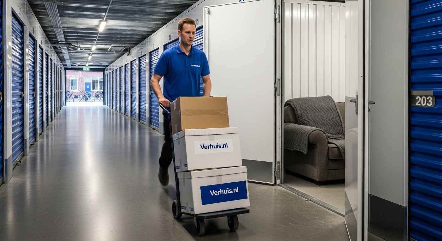 Moderne Nederlandse opslagfaciliteit met genummerde oranje deuren