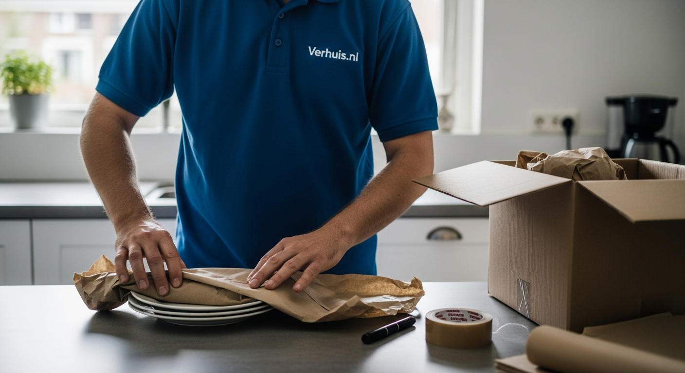 Verhuizer wikkelt zorgvuldig servies in papier voor de verhuizing