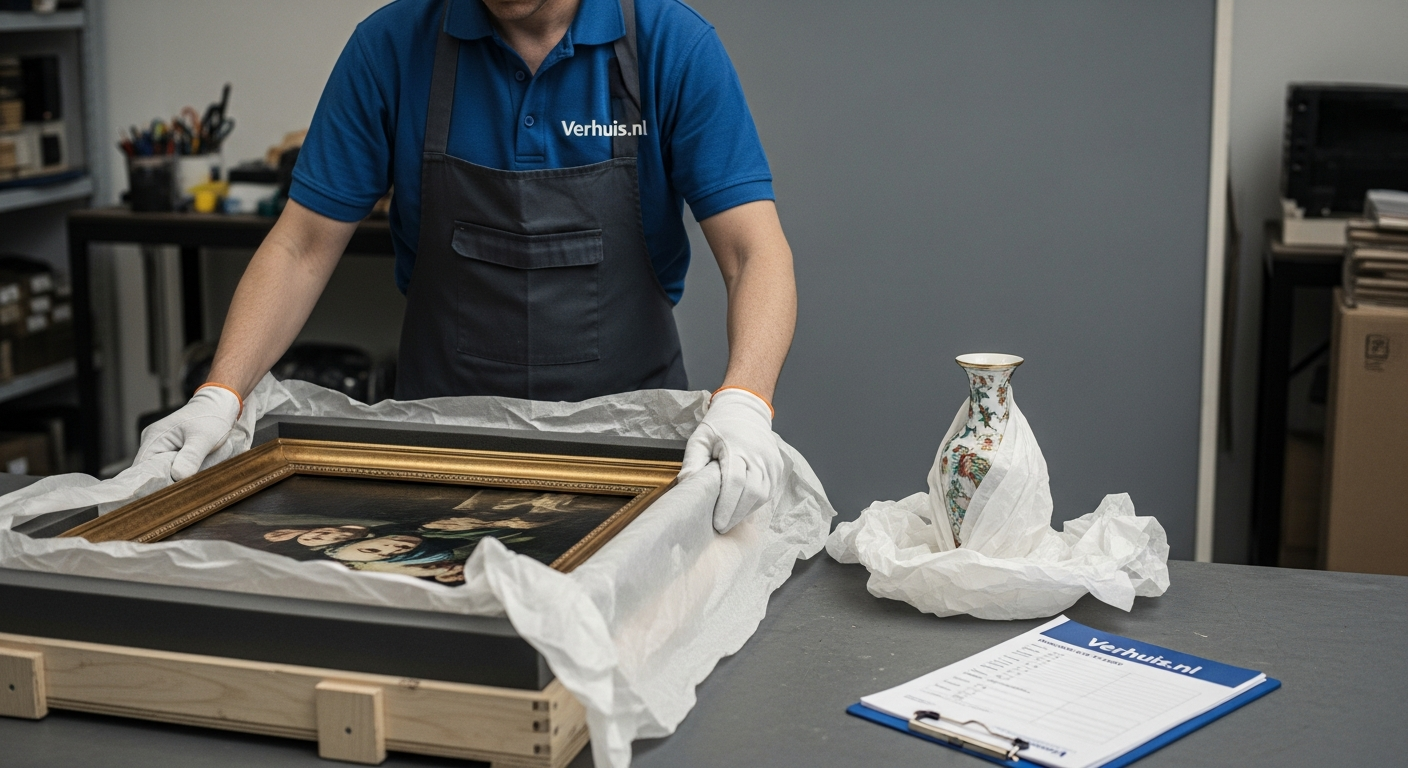 Verhuizer met witte handschoenen verpakt een schilderij in een houten krat