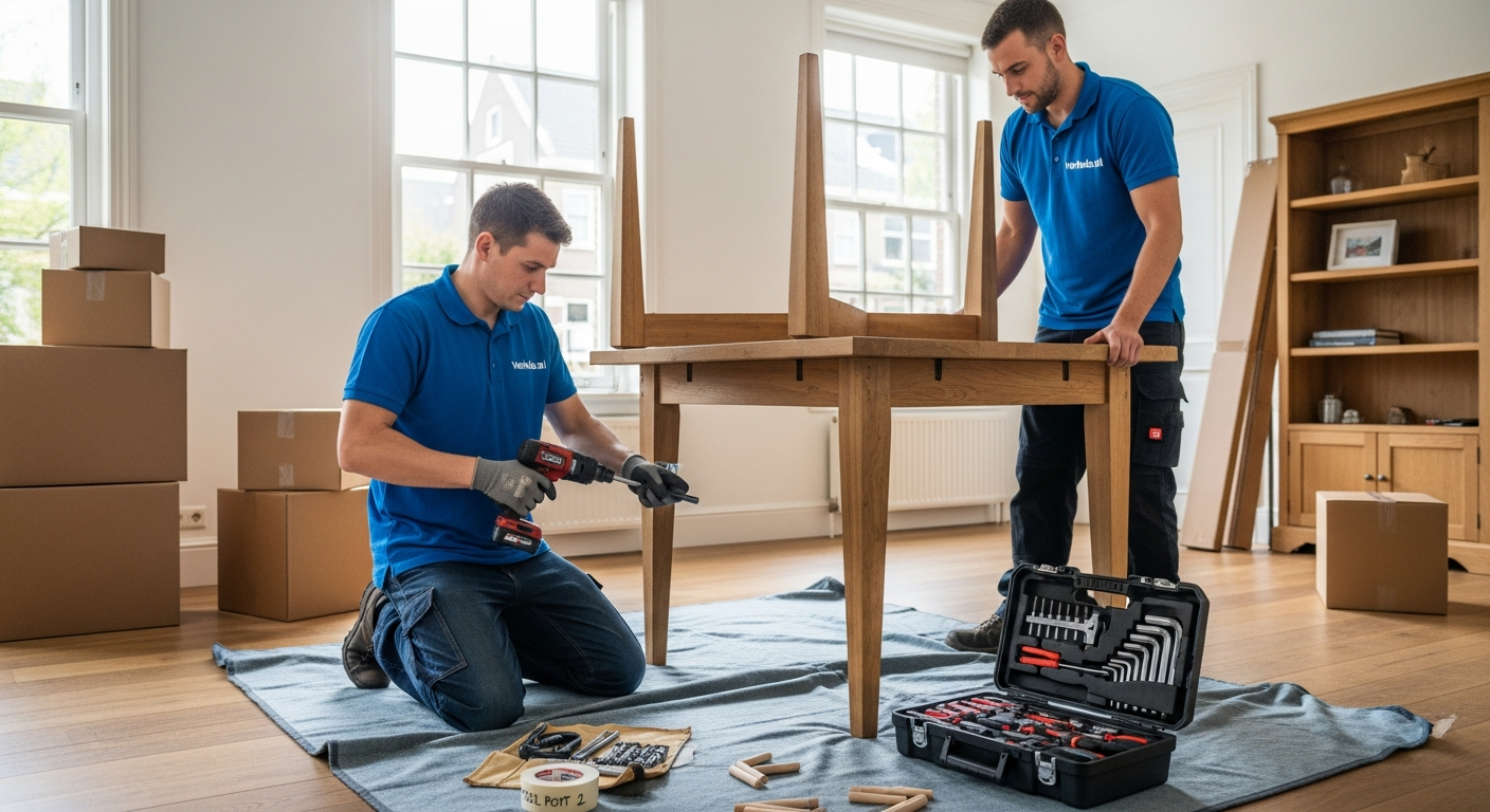 Verhuizer monteert een kledingkast in de slaapkamer van het nieuwe huis