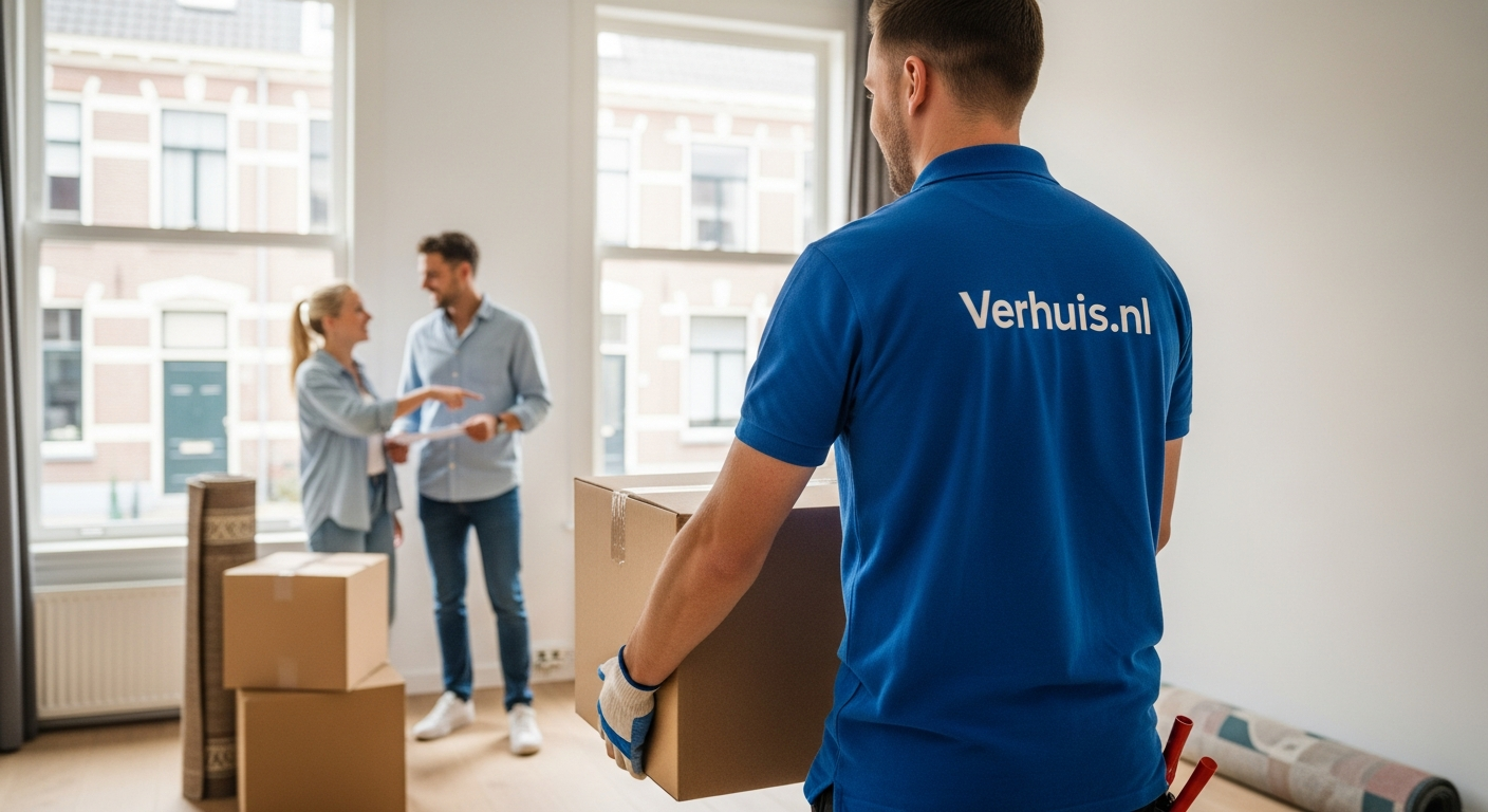 Een Nederlands stel draagt verhuisdozen hun nieuwe appartement binnen