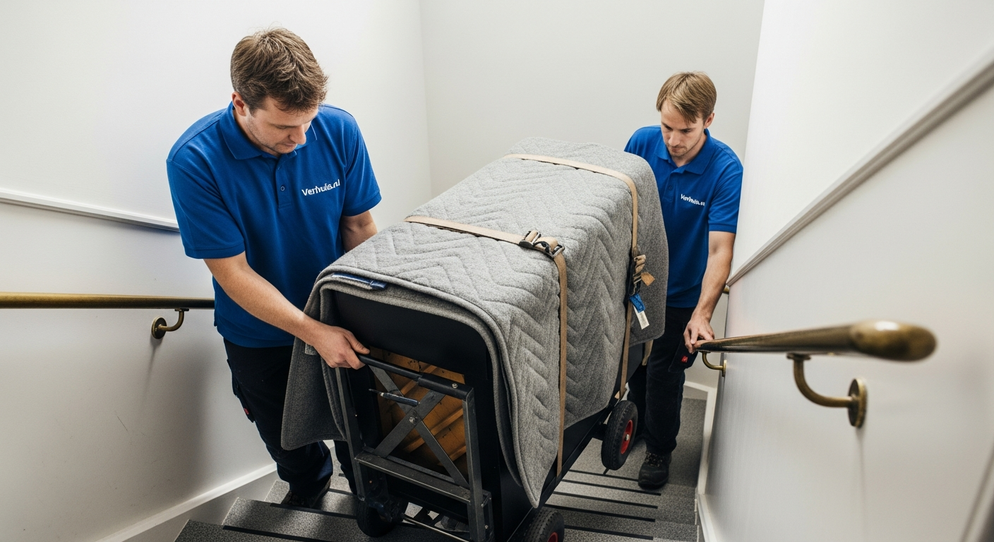 Twee verhuizers tillen een ingepakte piano voorzichtig de trap af