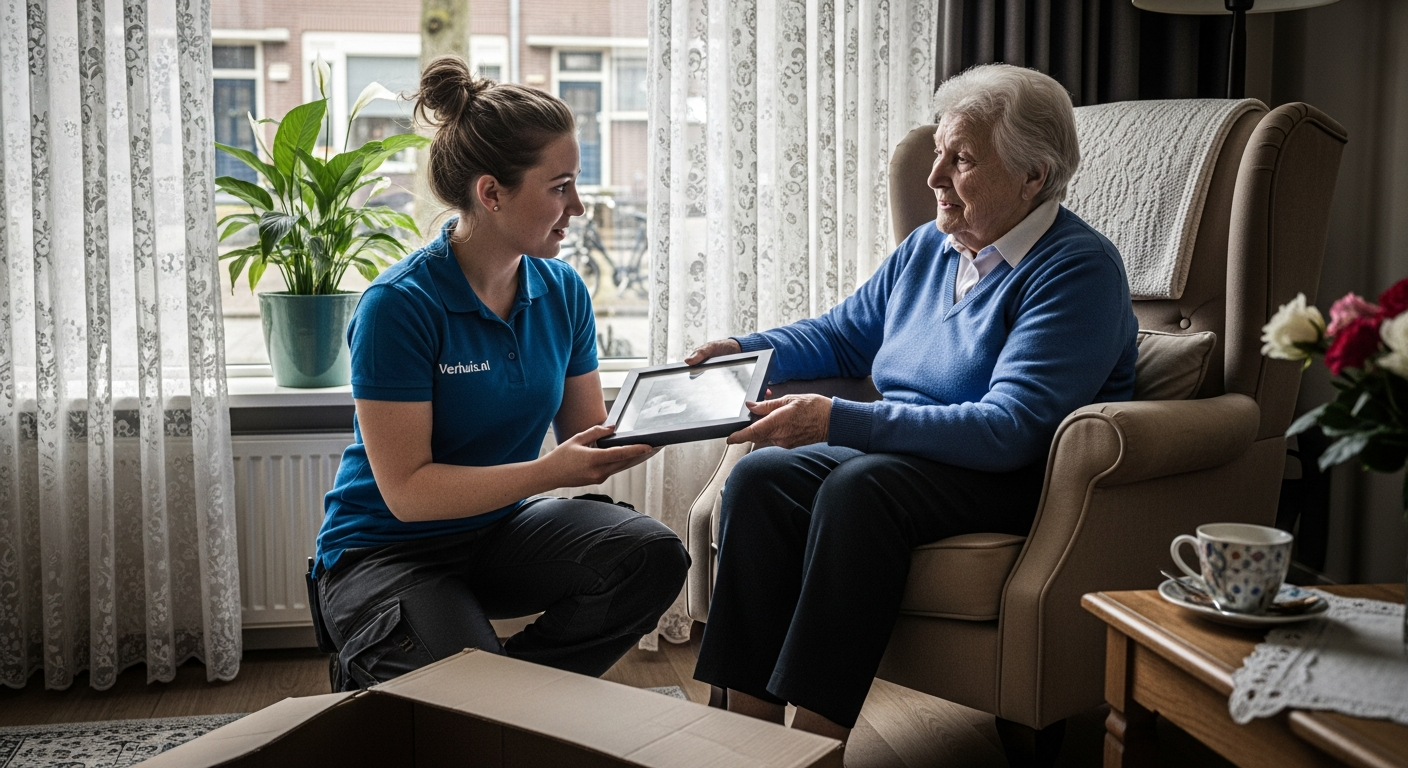 Verhuizer helpt oudere Nederlandse vrouw voorzichtig met haar spullen