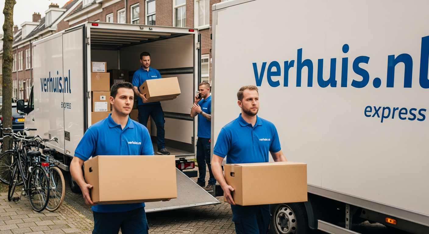 Verhuisteam laadt razendsnel dozen in een verhuiswagen