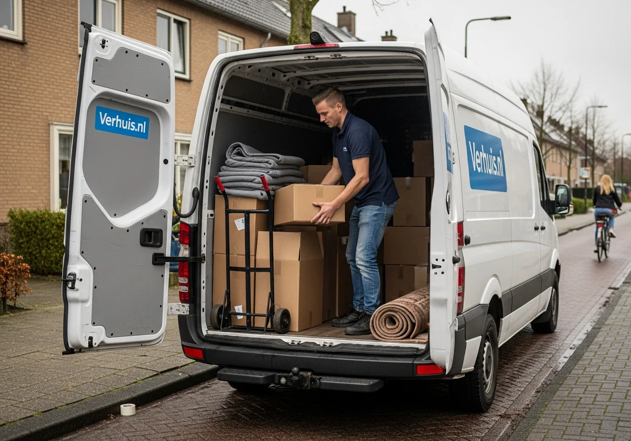 Verhuisteam laadt razendsnel dozen in een verhuiswagen