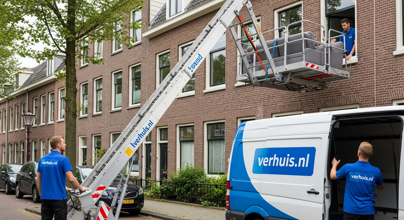 Aluminium verhuislift reikt tot een derde verdieping van een Nederlandse straat