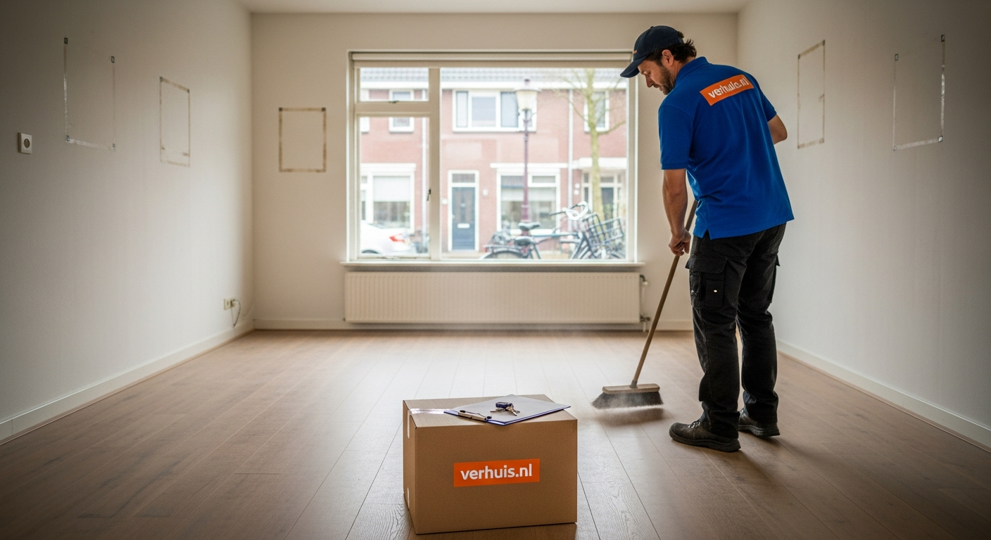 Lege Nederlandse woonkamer na volledige ontruiming, bezemschoon