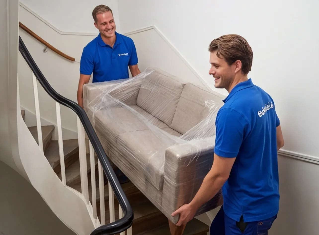 Verhuizers dragen bank de trap op