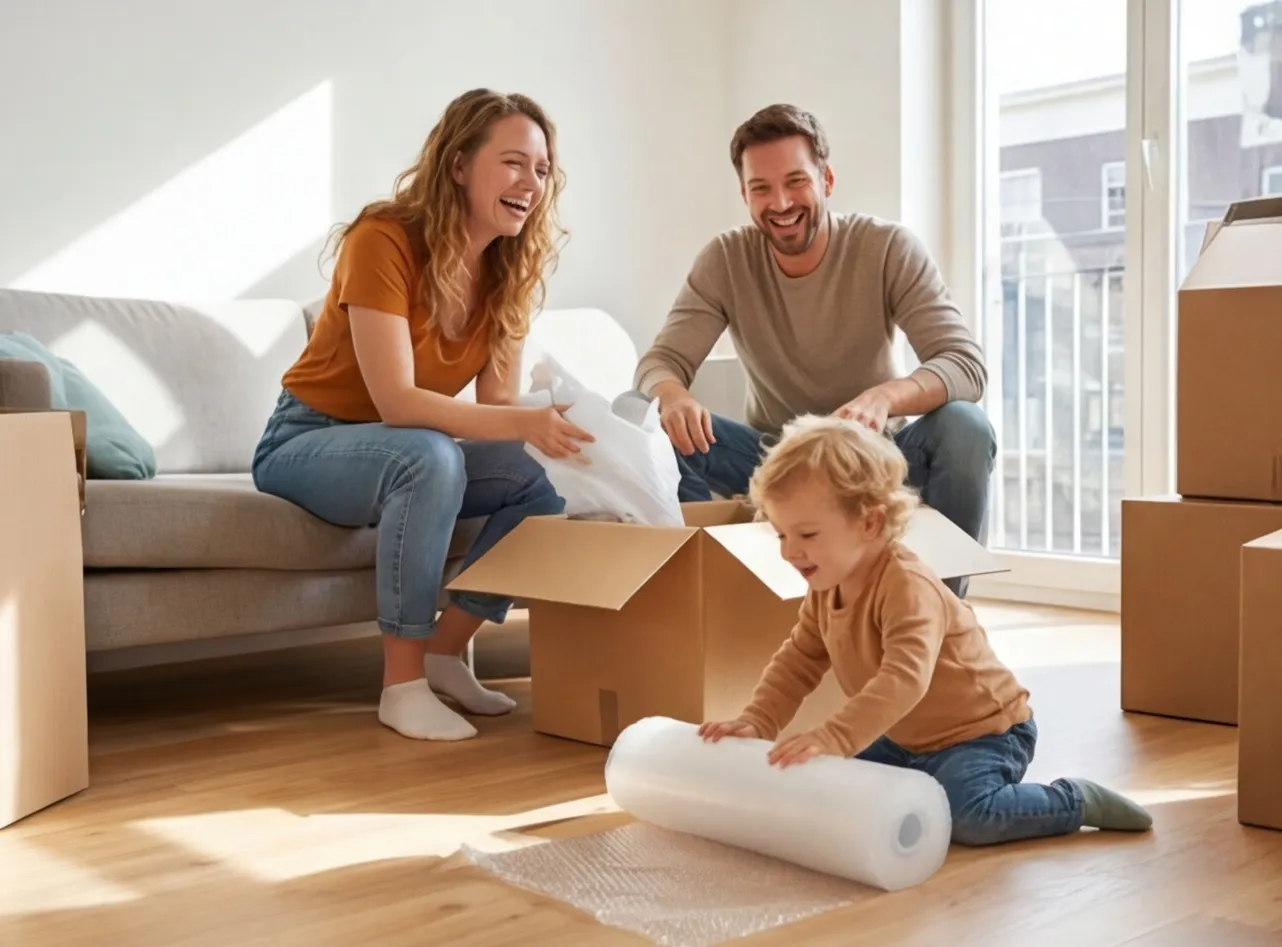 Gezin pakt verhuisdozen uit